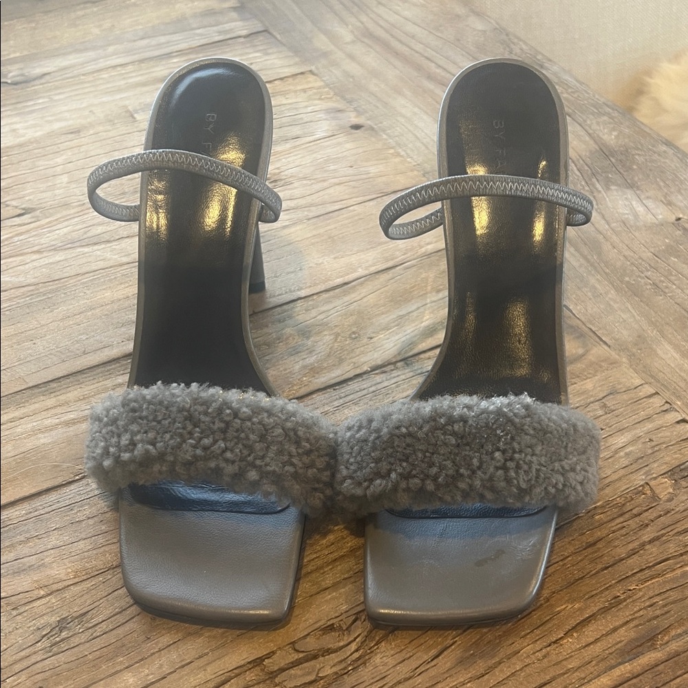 BY FAR Gray Shearling Strap Square-Toe Heels - image 1